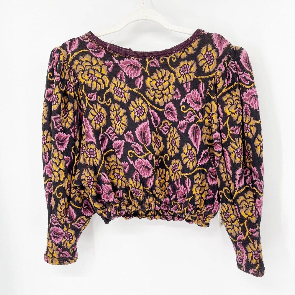 NWT Free People No Ordinary Top Tapestry Crop Blouse Sz XS Purple Tie Puff Slv